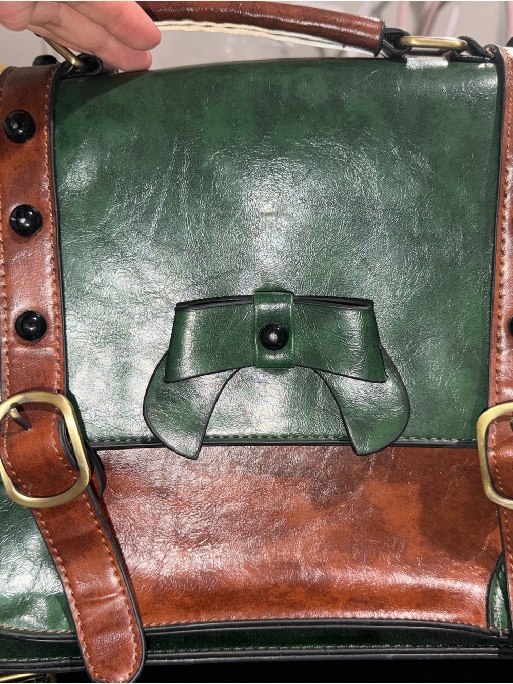 Ecosusi Green and Brown Leather Satchel with Decorative Bow